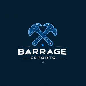 Barrage Esports logo featuring crossed gaming weapons in dark blue. Website URL displayed below in white text. Background is sleek and black.