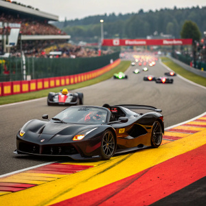 Black Ferrari LaFerrari Aperta at Formula 1 race event. Red and yellow track background, numerous spectators and cars in the background.