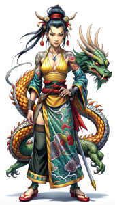 Mujer rasta robot Wu-Tang Clan japonés samurái cuerpo completo manga con un drangon
