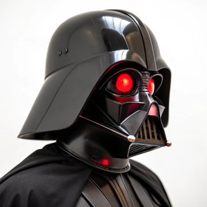 Close-up of Darth Vader's helmet. Glowing red eyes against white background. Simplistic and powerful design
