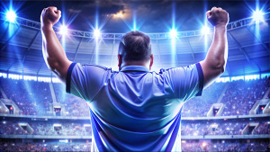 back view of a fat soccer player raising his fist toward the audience