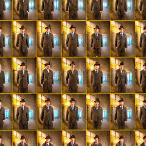 Thomas Shelby from Peaky Blinders in a classic brown suit. Multiple images arranged in a square grid on Instagram.