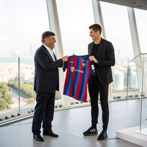 Robert Lewandowski, dressed in a sleek black suit, alongside Joan Laporta, holding a jersey during an announcement event at a bright, modern venue with large windows.
