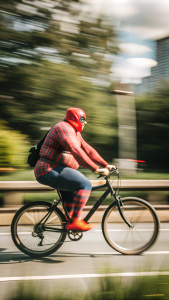 fat  spiderman with a belly rides a bicycle, side view