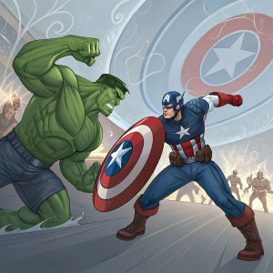 Digital art showcasing Captain America and Hulk in action. Vibrant colors and detailed backgrounds of swirling elements. Other Marvel characters also featured.