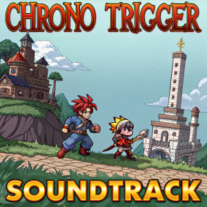 Album cover for 'Chrono Trigger' soundtrack. Vibrant artwork featuring pixelated characters and iconic game elements. Text in bold, retro font.
