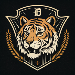 Vintage Detroit Tigers logo illustration. Graphic design with stylized tiger head. Black background. Retro style. Tiger has sharp features, muscular jawline and patterned coat.