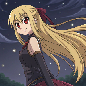 Digital illustration of Evangeline A.K. McDowell, from Negima anime series, with long blonde hair and intense red eyes. In a dynamic pose, she wears a dark outfit with a fitted bodice and skirt. Dark, starry backdrop, anime art style.
