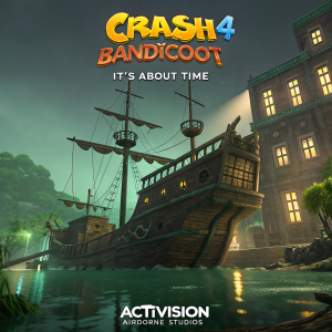 A dilapidated pirate ship from the video game 'Crash Bandicoot 4: It's About Time'. The ship is partially submerged in murky green water with several masts and rigging. A building with lit windows can be seen nearby. The screen displays the Activision and Airborne Studios logos.