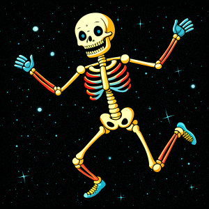 full body skeleton dabbing black background