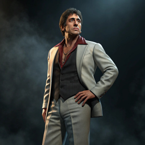 3D render of Al Pacino as Tony Montana from Scarface. Dark, atmospheric background