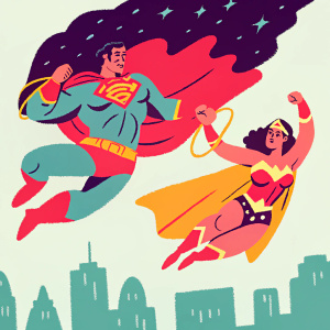 Dynamic duo of Superman and Wonder Woman mid-air, in a heroic pose. Dark night sky with stars, flying over Gotham City. Justice League title and DC Comics logo absent