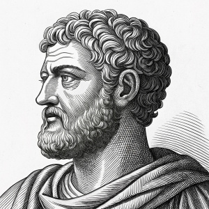 An intricate woodcut print featuring Diocletian's stern face. Curly hair and beard are detailed in black and white. Bold lines and shading emphasize facial features. He stands alone in the composition.