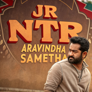 Promotional image for the movie 'Aravindha Sametha'. JR NTR in intense pose, surrounded by vibrant logos and dynamic text. Rich, earthy color palette.