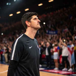 Thibaut Courtois, serious expression, wearing a Nike jersey. Basketball court background, crowd cheering