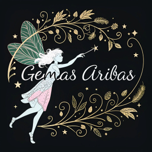 Digital artwork showcasing Gemas Arribas logo. A graceful fairy character in an active pose. The logo features elegant, flowing script. Decorative elements include intricate leaf designs. Set against a striking black backdrop.