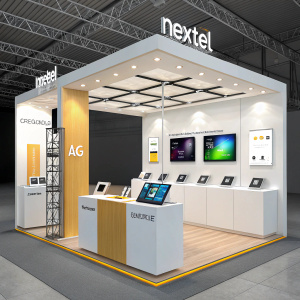 An exhibition booth featuring Nextel 4G. Bright lighting, structured display, showcasing various tech products.