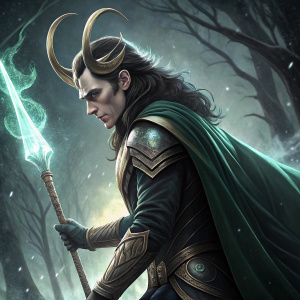Comic book illustration of Loki. Marvel's Thor series cover. Dark, mystical ambiance. Wields mystical weapon, stern expression