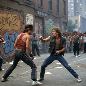 Terry Michos, David Harris, and James Remar. Street fighting scene from 'The Warriors'. Graffiti-covered walls and chaotic crowd in background.