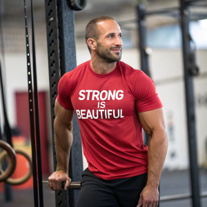 Muscular man in red t-shirt with 'Strong Is Beautiful' slogan. Gym setting, typical Instagram profile picture.