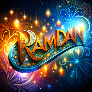 The word Ramadan is written in beautiful, bright letters