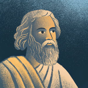 Sketch of Rabindranath Tagore. Simple line drawing, minimalistic style. Dark background highlights face details. Bearded figure, traditional attire