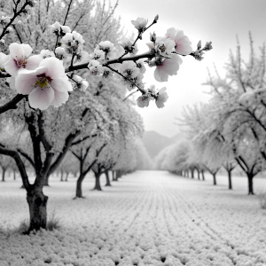  snow blooming almond trees and a few flowers emerging black and white