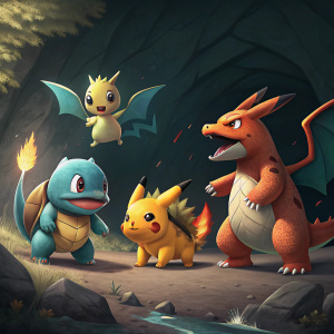Digital artwork featuring a variety of Pokémon. Dark cave background. Characters in battle-ready stances, vibrant colors and detailed designs