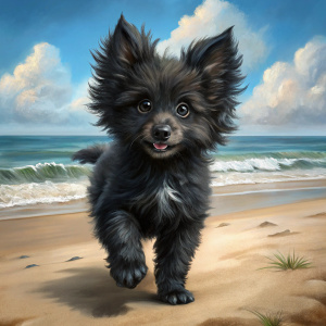 A fluffy black puppy with long legs playing on the beach near the ocean 