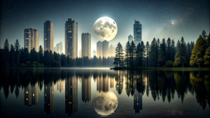  full moon at night, skyscraper city  forest still water dark night black