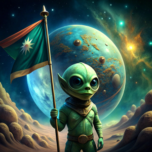 In a universe where every corner holds a new mystery, our alien conqueror plants a flag of victory, a testament to the spirit of adventure that compels us to come, see, and conquer our own galaxies of challenge.