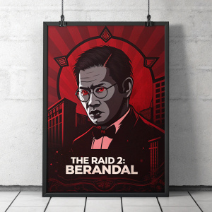 Movie poster for 'The Raid 2: Berandal'. Dark and ominous theme. Central focus on stylized menacing face with glasses and bow-tie. Angular shapes, deep red background, noir and cyberpunk style.
