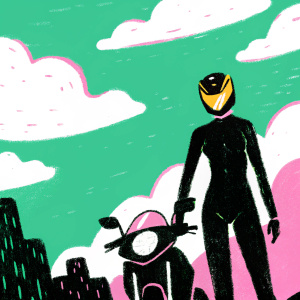 Celty Sturluson, a mysterious character from Darker Than Black, without her head. Wearing a sleek black bodysuit with crimson accents. Stands beside a futuristic motorcycle with sharp, modern lines and glowing headlights. Set against a night sky filled with thick clouds and urban shadows, the scene is digitally illustrated with high contrast and intense lighting.