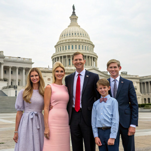 Family portrait of Eric Trump, Ivanka Trump, Jared Kushner, Arabella Kushner, Theodore Kushner, and Michael Boulos in front of US Capitol Building