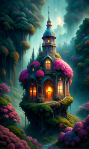 a small coquette pink magical house, with golden magical windows and green lush plants growing on it, on top of a hill, in a wild forest