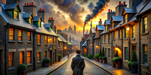 Street of a Victorian city. Evening. Stone houses with red tiled roofs, wooden window frames, wooden doors, smoke coming from two chimneys. There are Christmas decorations on the windows and doors of the houses. A handsome, slender young man with wavy hair and glasses, in Victorian clothes, with a book in his right hand, stands in the foreground, facing forward, smiling.