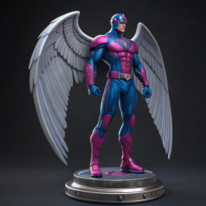 A detailed action figure of Marvel Comics' archangel. The character has a powerful physique, adorned with vibrant blue and pink hues. The figure stands on a metallic pedestal with intricate wing-like appendages. Dark, sleek background