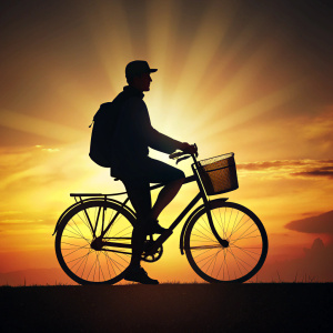 silueta de un hombre montado en una bicicleta con una canasta al frente