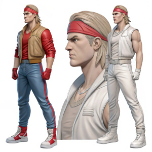 Digital artwork of a character from the Fatal Fury series, rendered in a hyper-realistic style. The figure wears a casual, sporty outfit. The artwork showcases three distinct poses on a plain white background.