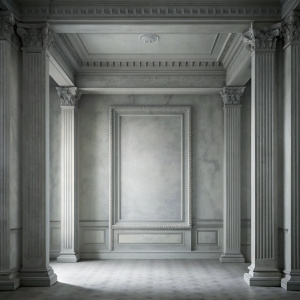 A monochromatic, grayscale image depicting an empty room with a textured wall. vertical, ornate pillars frame either side of the scene, creating a symmetrical composition. The lighting is subdued, casting soft shadows.