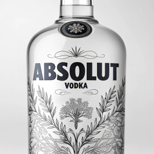 Creative branding design featuring Absolut Vodka. Modern, sleek logo placement. Brand name emphasized in bold black text. Simple, elegant layout.