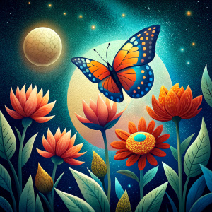 Mariposa, girasoles,  tulipanes, luna