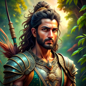 Draw an Iranian male character that represents the legendary character named Arash the famous archer.