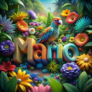 un texto que diga mario. en 3d, en unos perico. chupando MUCHAS flores de muchos colores