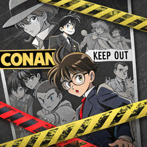 A vibrant poster featuring characters from the anime series Detective Conan. Dominated by black and grey, with yellow and red accents from caution tape. Repeated text 'CONAN' and 'KEEP OUT' throughout the design. Stylized comic representation with dense, layered artwork.