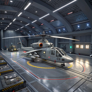 3D rendering of Kamov Ka-50 Hokum helicopter in a futuristic hanger. Surrounded by advanced technology and other aircraft