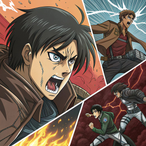 A vibrant collection of Attack on Titan anime scenes featuring intense action and dynamic poses. The artwork is a mix of detailed lines, bold shading, and a color palette ranging from dark grays and blacks to fiery hues, arranged in a collage format showcasing pivotal moments from the series.