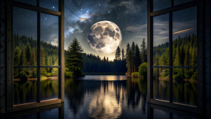  full moon at night, window forest  still water dark night black