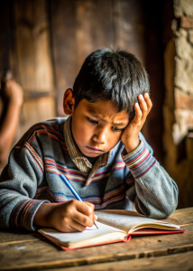 Niño de ecuador en la mesa estresado haciendo tareas en hogar muy pobre