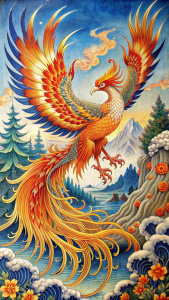 Japanese ukiyo-e painting style：The divine beasts of the Classic of Mountains and Seas，Phoenix